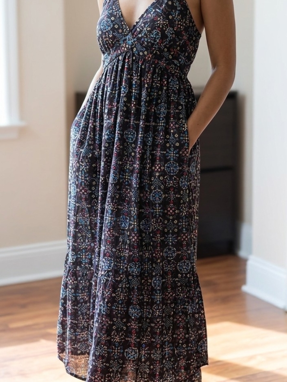 SHEIN Black Floral Midi Dress with V-Neck No Pockets